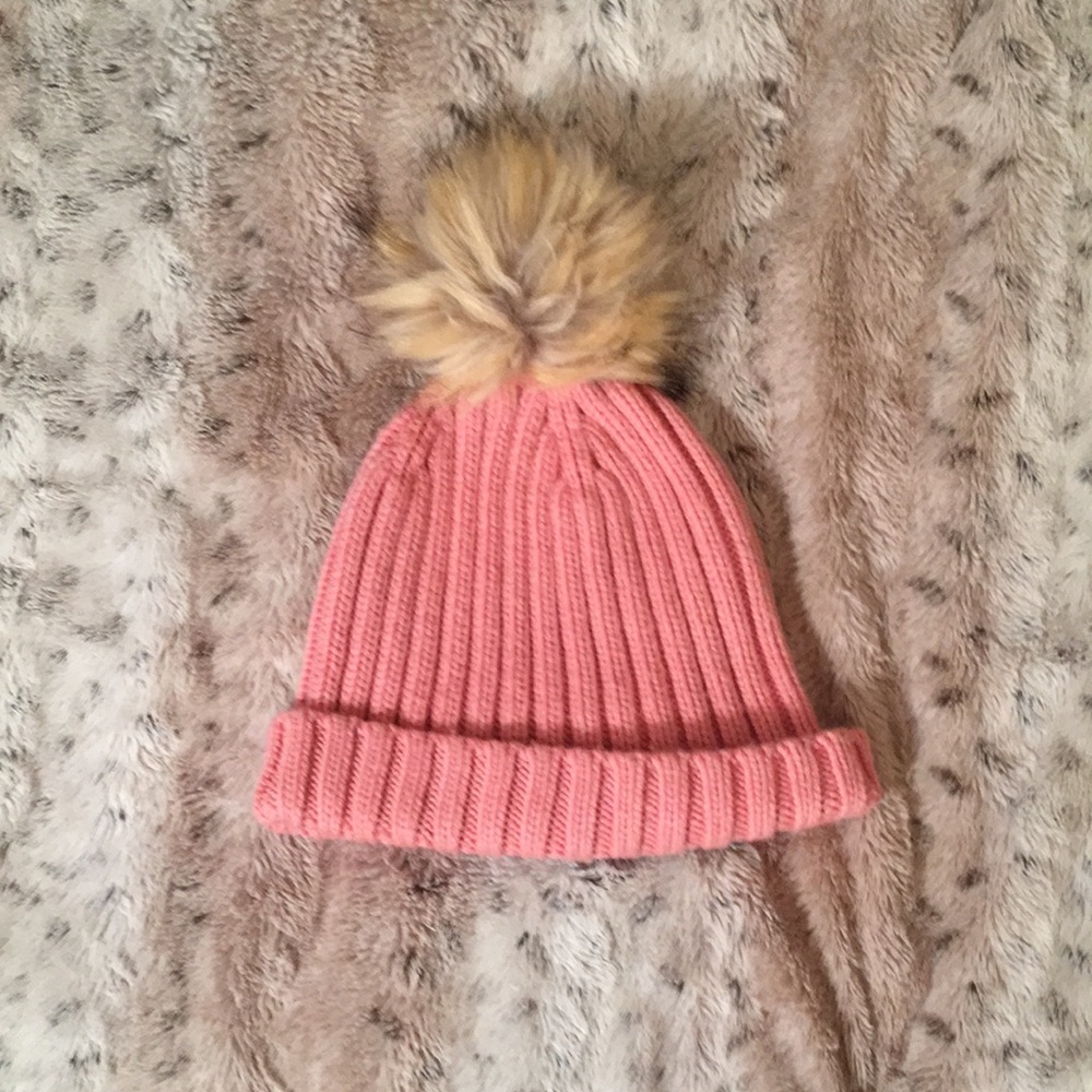 J. Crew Pink and Cream Ribbed Knit Hat with Faux Fur Pom-Pom